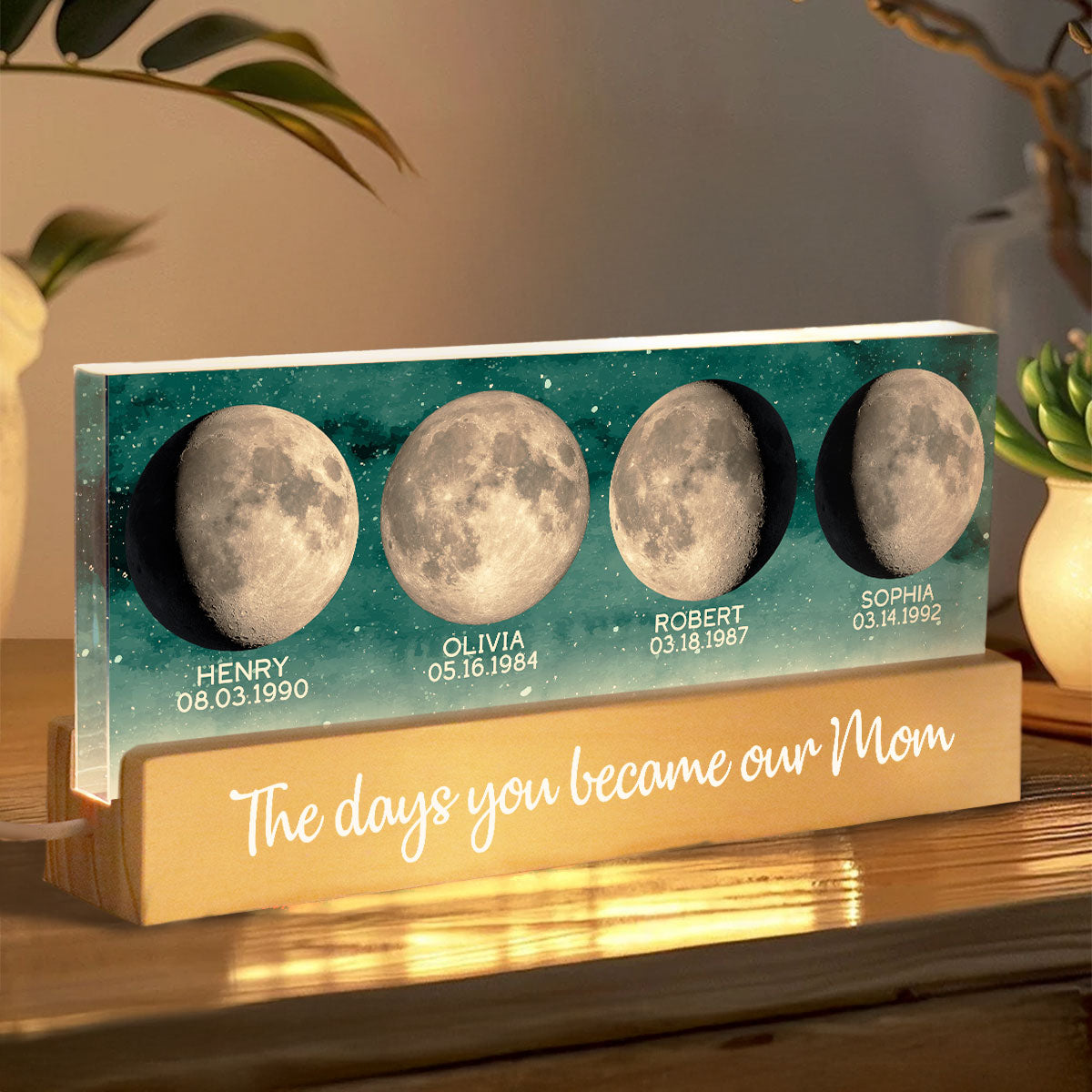 Custom Birth Moon Phase The Day You Become My Mom Personalized Acrylic Block LED Night Light, Gift