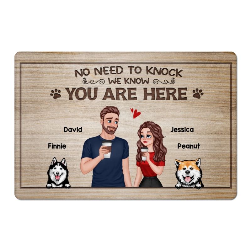 No Need To Knock Cartoon Couple & Dogs Personalized Doormat