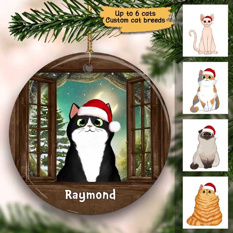 Cat Peeking On Window Christmas Personalized Circle Ornament