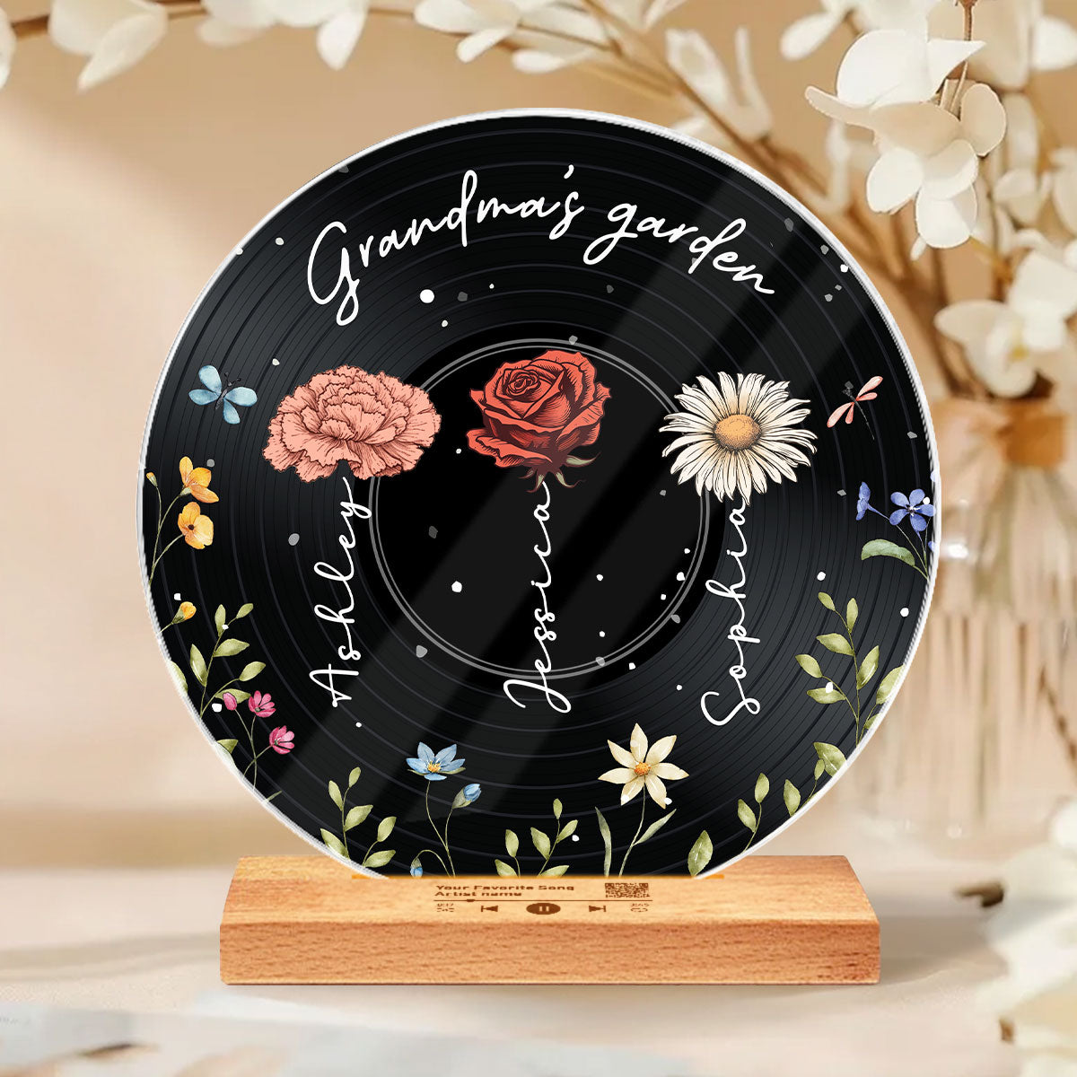 Grandma's Garden  Custom Vinyl Record Acrylic Song Plaque, Scannable QR Code, Personalized Birthday, Anniversary Gift for her and for him