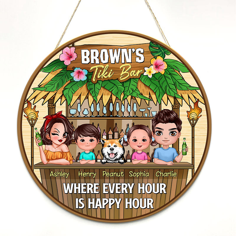 Welcome To Our Tiki Bar Family Couple Personalized Wood Door Hanger Sign