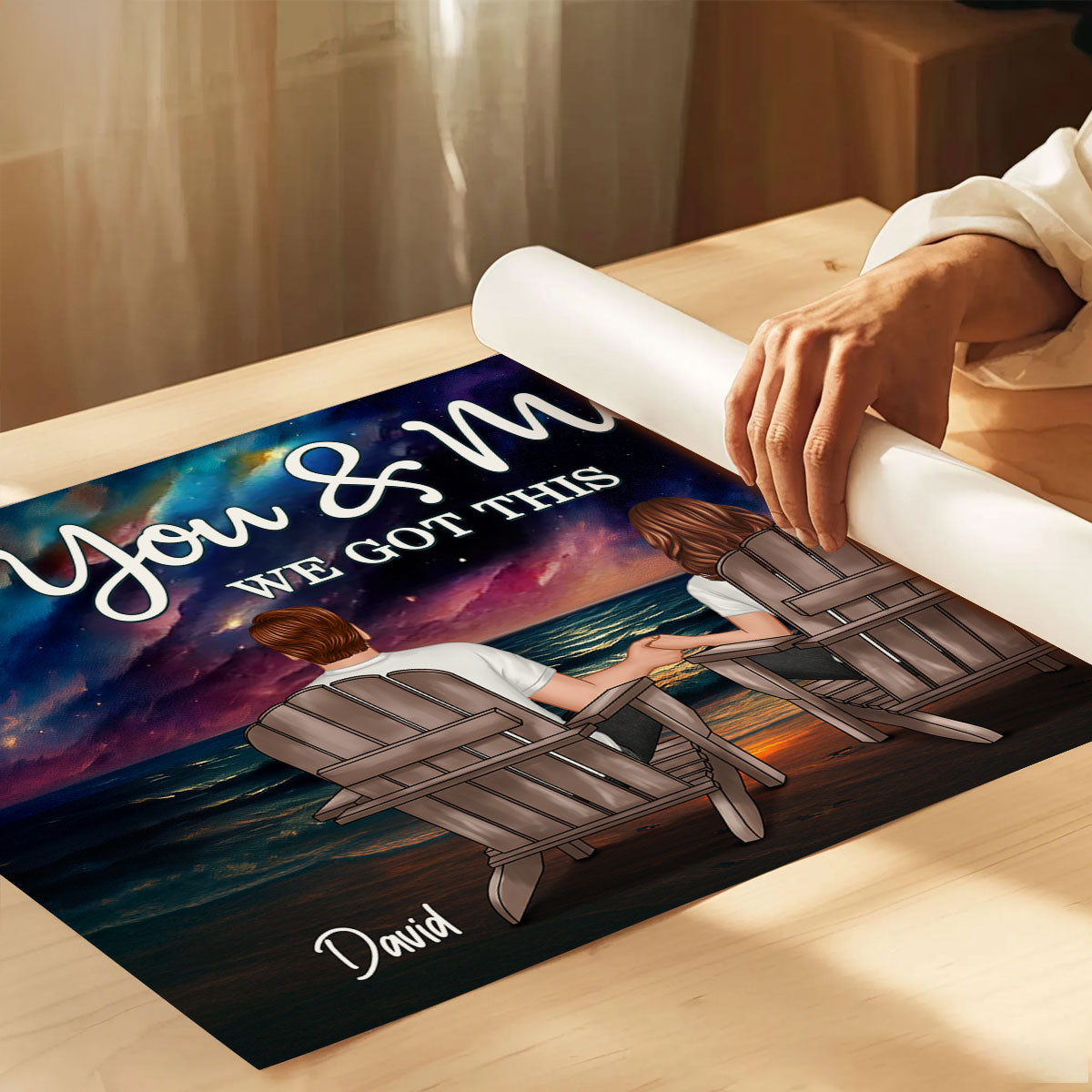 Night Beach Landscape Couple Sitting Back View Personalized Poster