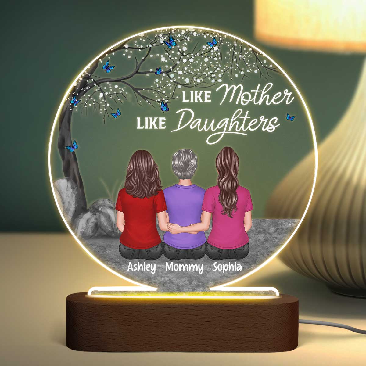 Mother Daughter Linked Forever Blossom Tree Personalized Circle LED Night Light Acrylic LED Lamp