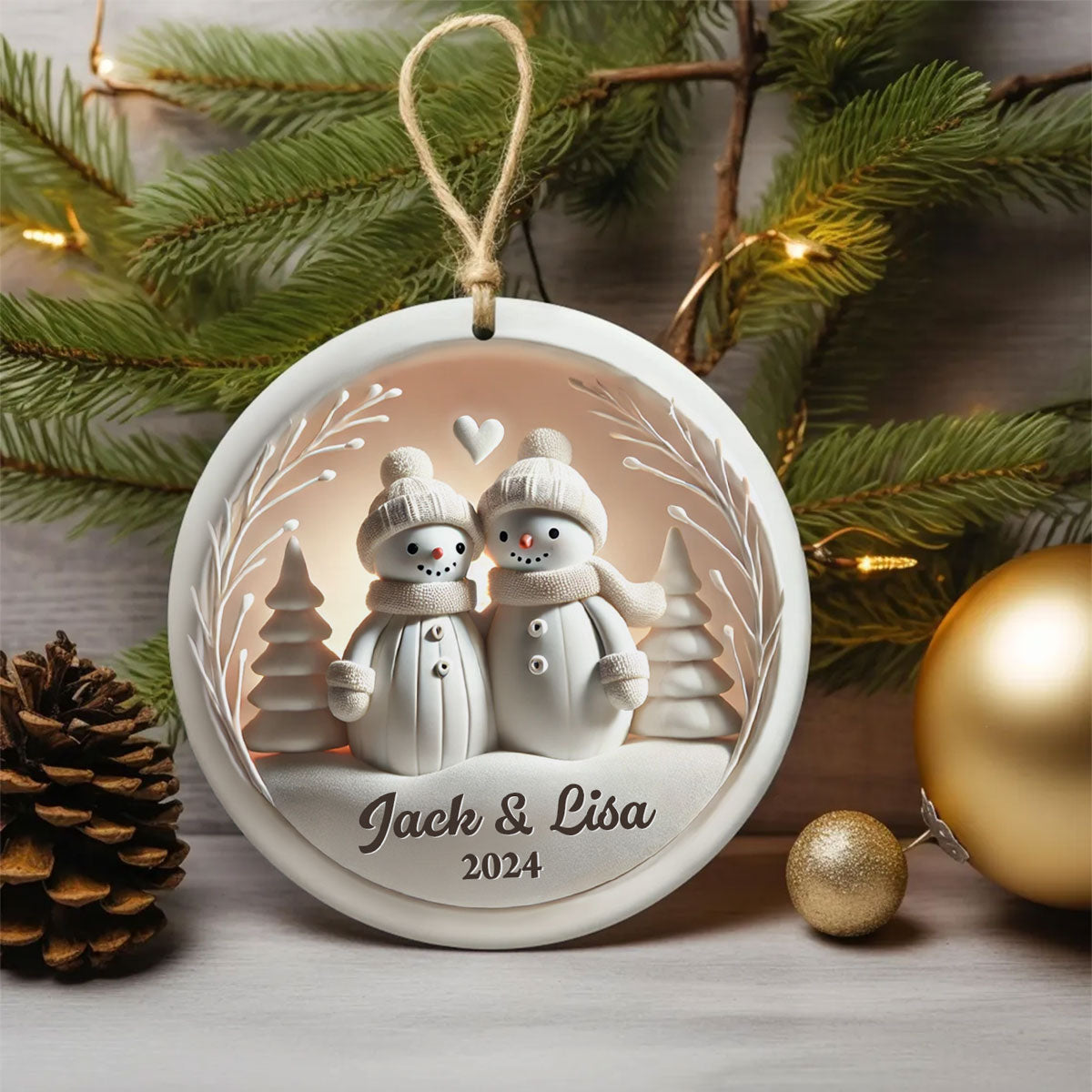 Snowman Couple White Christmas Ceramic Ornament, Personalized Couple 3D Effect Ornament, Christmas Gift For Married Engaged Couples, For Couples