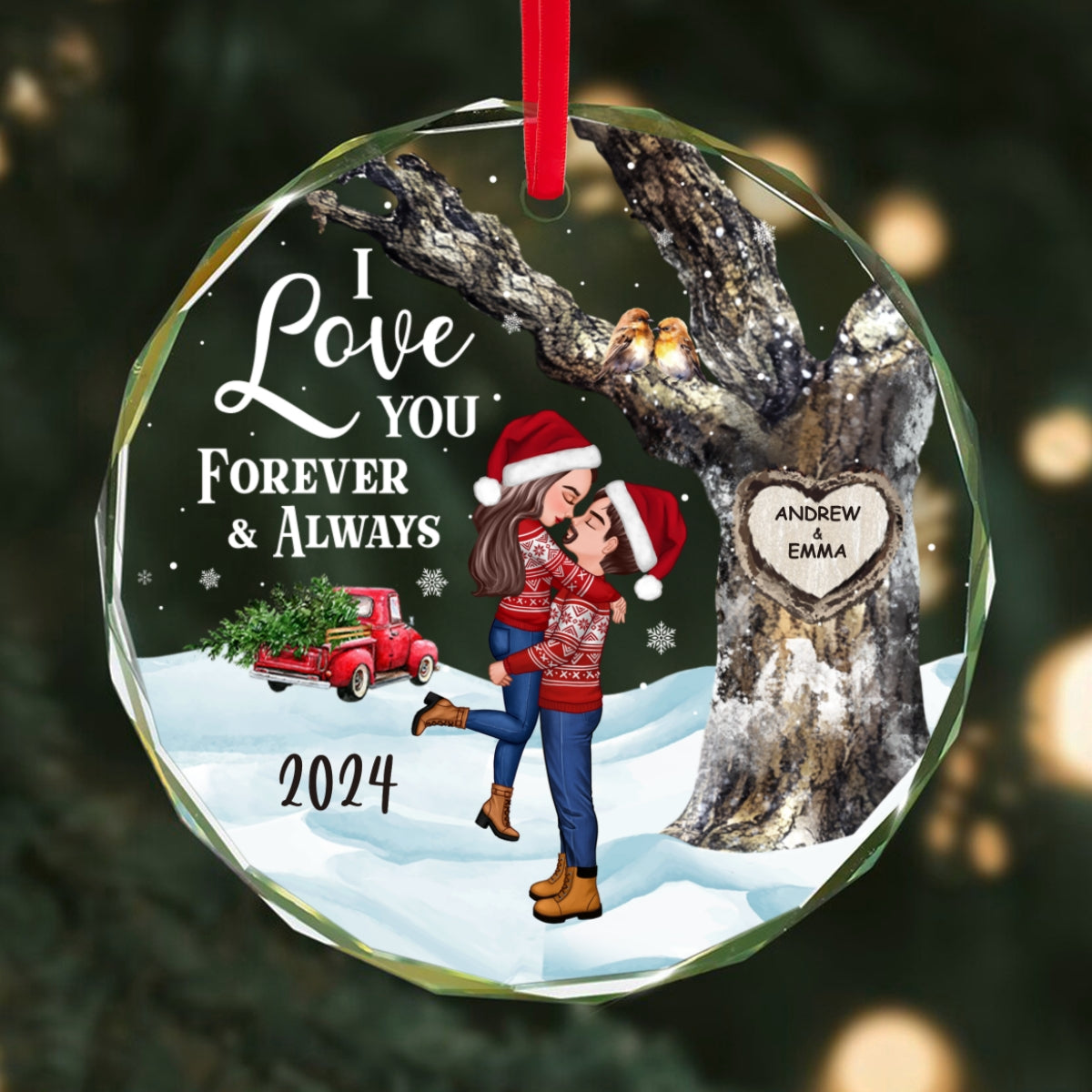 Couple Hugging Kissing Carved Heart Tree Personalized Glass Ornament, Christmas Gift For Him, For Her