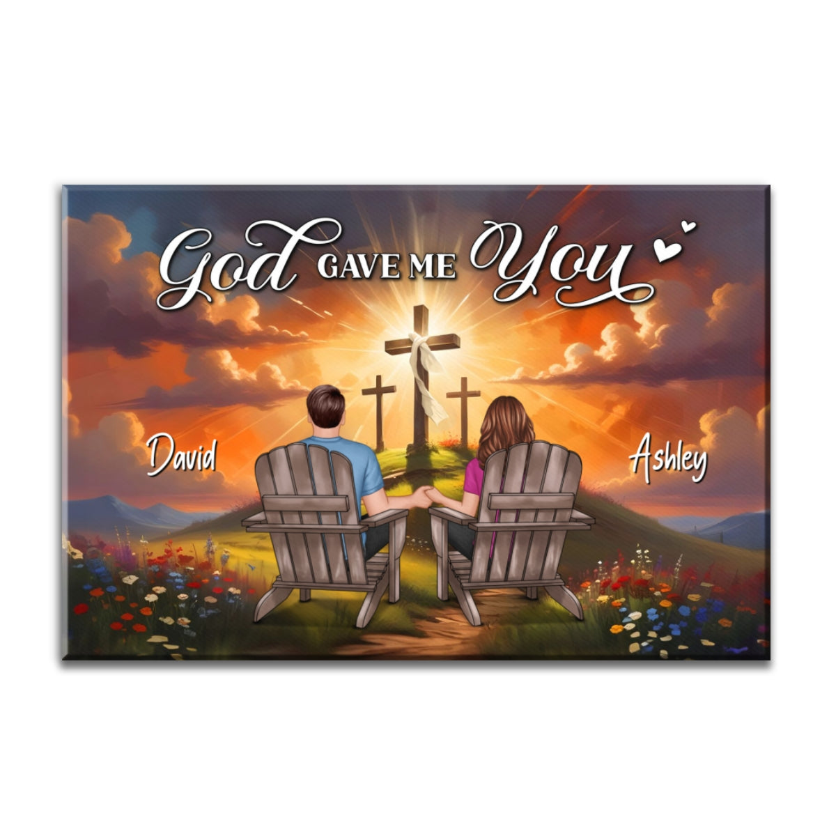 Cross On Mountain God Gave Me You Couple Sitting Personalized Canvas, Anniversary Gift For Him, Her
