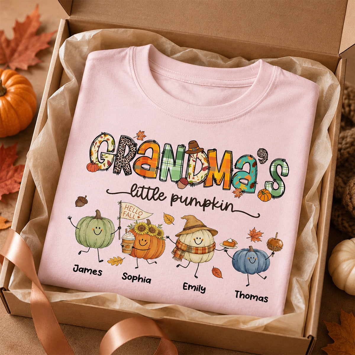 Grandma's Little Pumpkins Cute Doodle Pumpkins - Personalized Shirt - Fall Season Gift For Grandma, Mom
