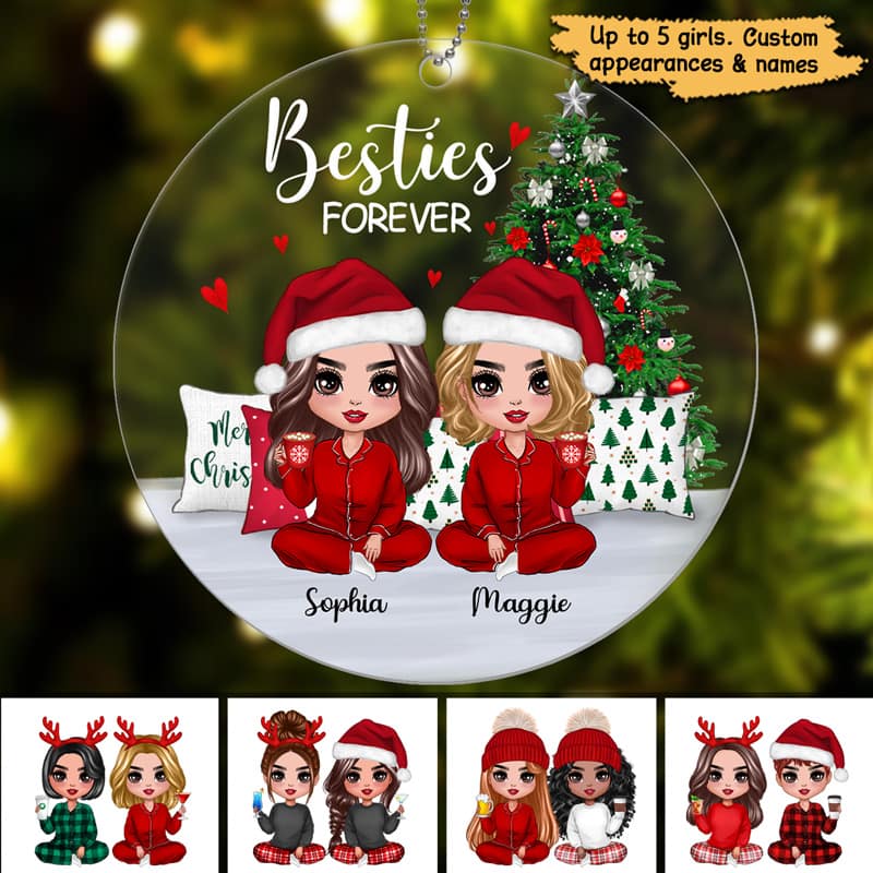 Pajamas Doll Besties Sisters Sitting Christmas Personalized Acrylic Ornament