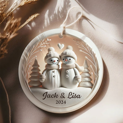 Snowman Couple White Christmas Ceramic Ornament, Personalized Couple 3D Effect Ornament, Christmas Gift For Married Engaged Couples, For Couples