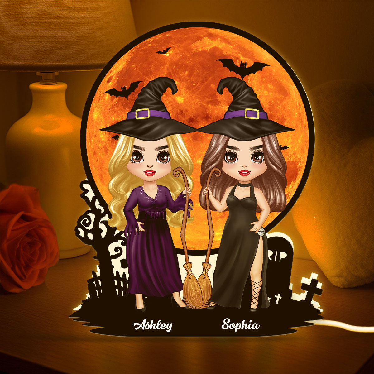 Witch Besties Under Halloween Moon Tabletop Wicca Pagan Decor Personalized Light Box, Halloween Decor