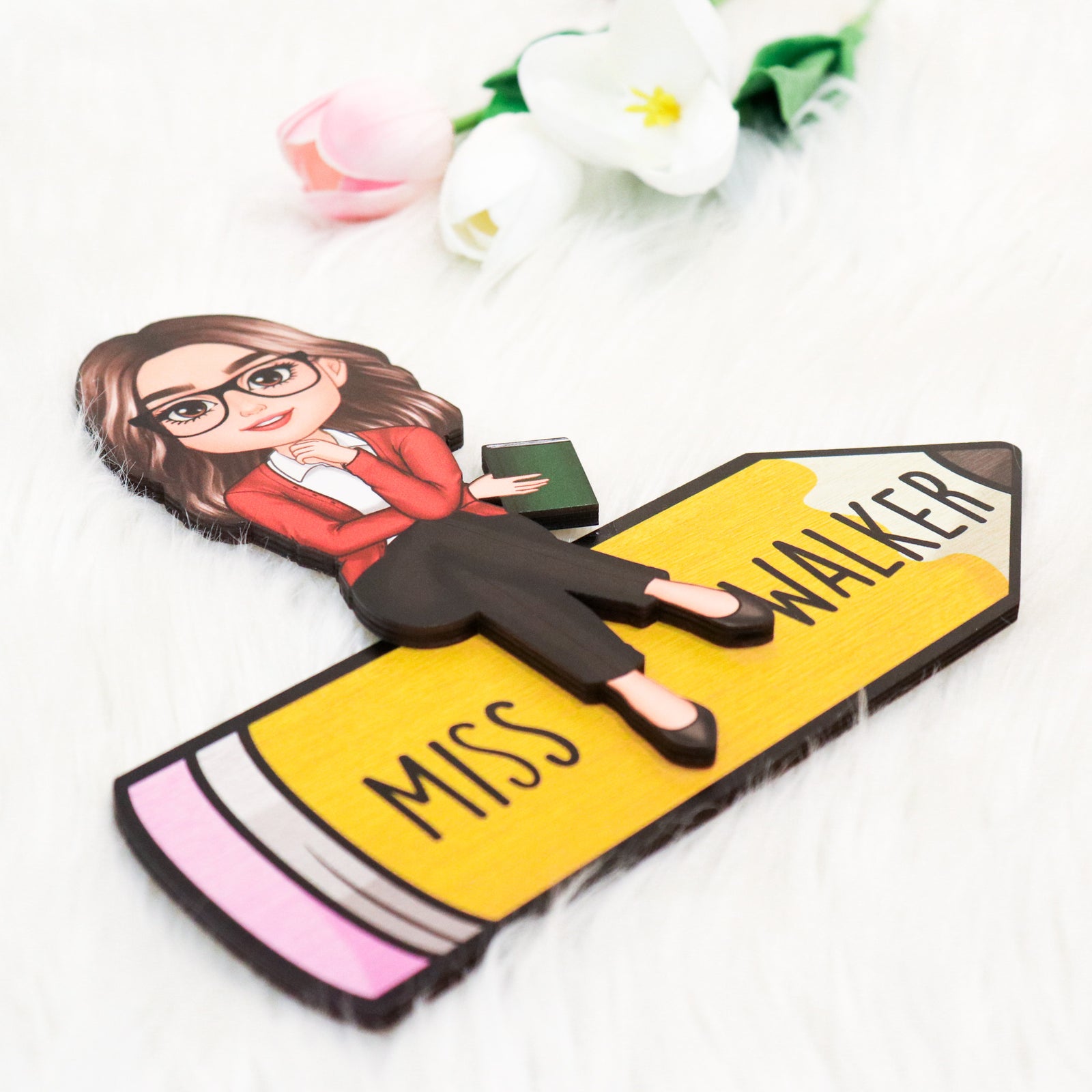 Doll Teacher Sitting On Pencil - Personalized 2-Layered Wooden Plaque - Gift For Teacher