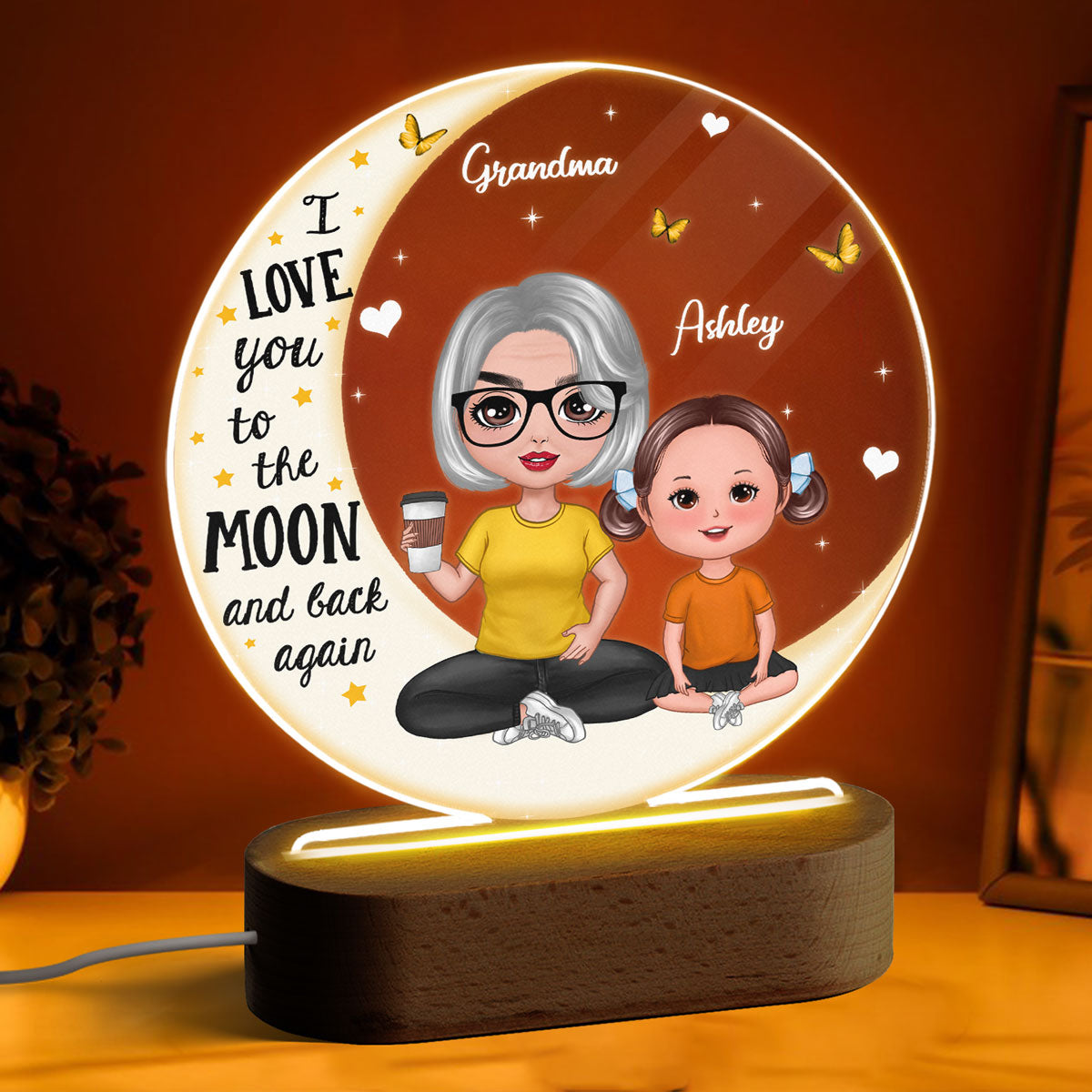 Doll Grandma & Grandkid On Moon Personalized Circle Acrylic Plaque With LED Night Light - Gift For Grandchildren