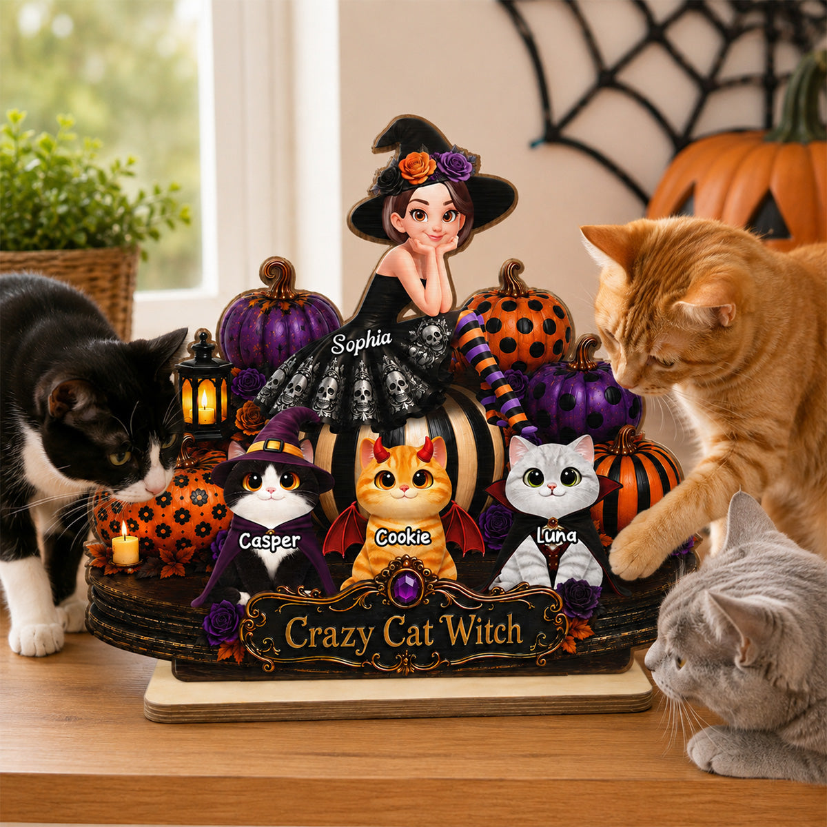 Pretty Cat Witch 2D Flat - Personalized Wooden Plaque - Halloween Decoration