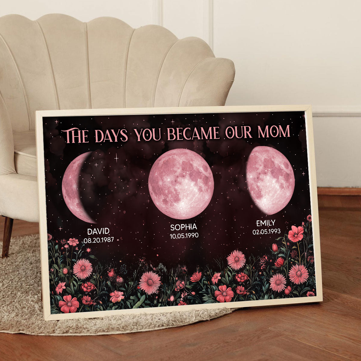 Vintage Flowers The Days You Became Our Mom Pink Birthday Moon Phase Personalized Poster