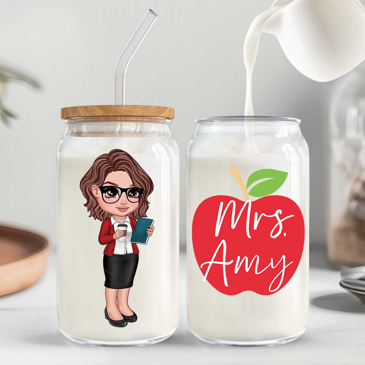 Y2K Style Teacher Apple Personalized Clear Glass Can, Gift For Teacher, Appreciation Gift