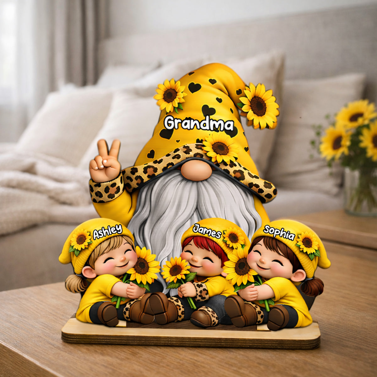 Gnome Grandma & Grandkids Sunflower - Personalized 2-Layered Wooden Plaque - Sentimental Gift for Grandma