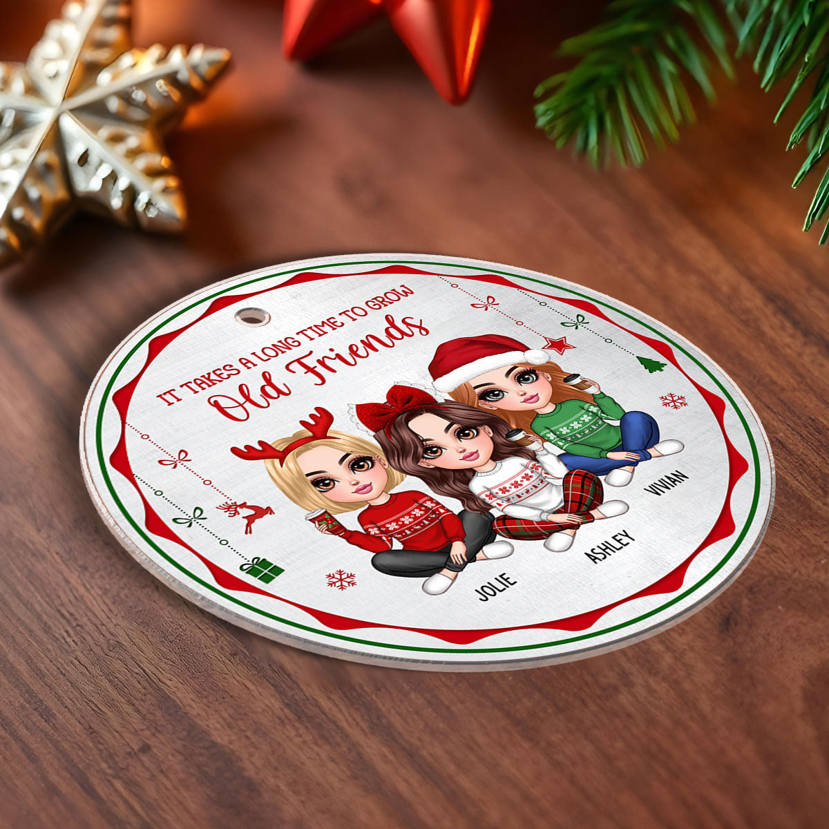Pretty Besties Sisters Red And Green Metal Pattern Personalized Acrylic Ornament