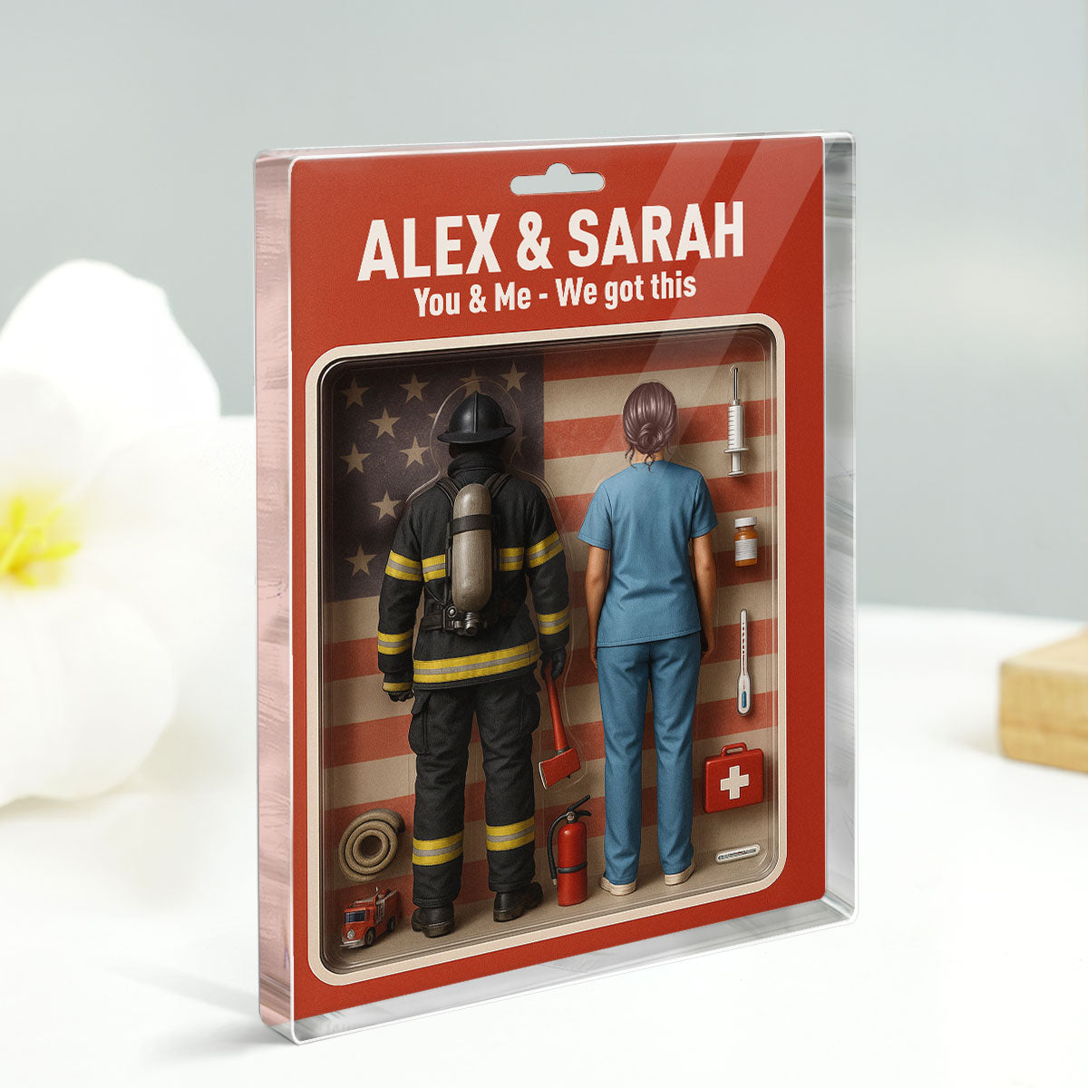 You & Me We Got This Firefighter & Nurse Couple Realistic Figures Style Personalized Acrylic Block Plaque