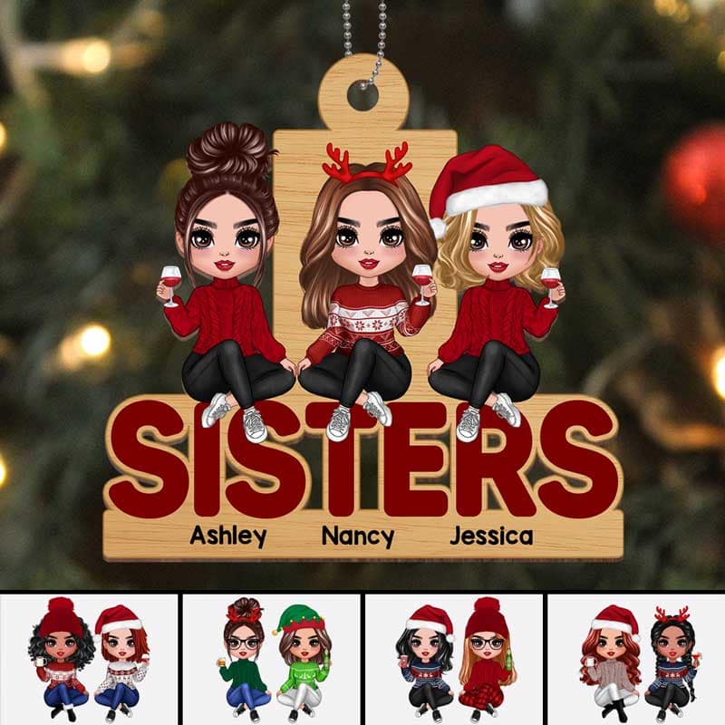Doll Sisters Sitting On Word Personalized Wooden Ornament