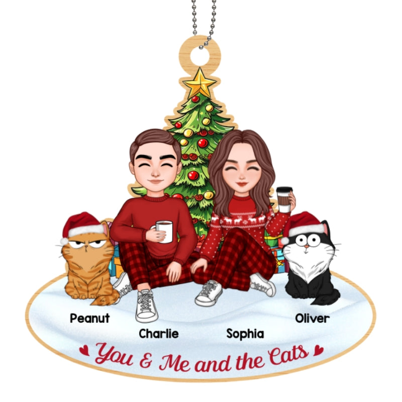 Couple And The Cats Under Christmas Tree Personalized Wooden Ornament