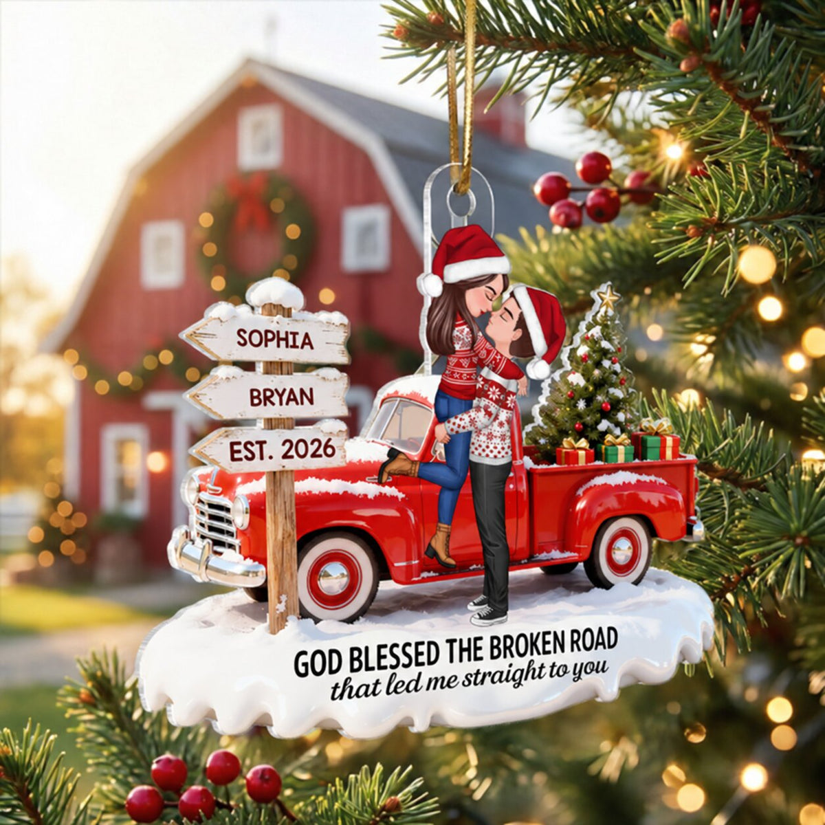 3D Effect Christmas Nostalgia Christmas Truck Couple God Bless The Broken Road - Personalized Acrylic Ornament - Romantic Gift For Couple, Farmhouse Decor