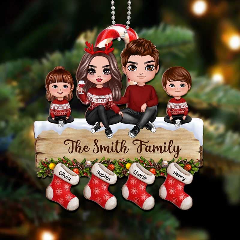 Doll Family Sitting On Palette Stocking Personalized Wooden Ornament