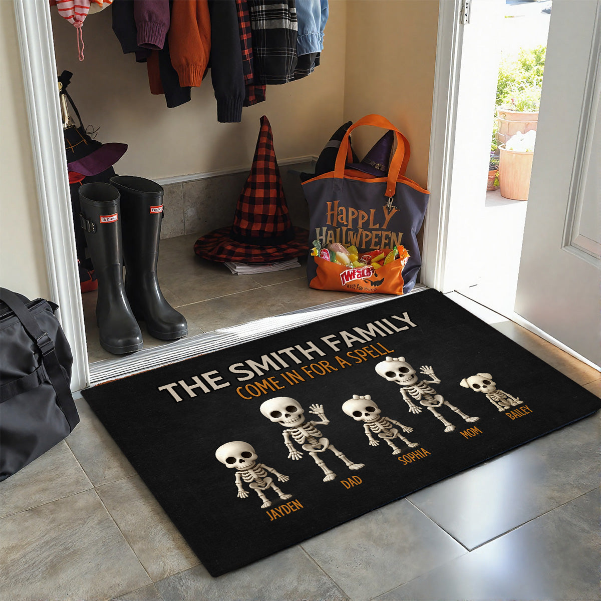 3D Effect Halloween Spooky Funny Skeleton Family - Personalized Doormat