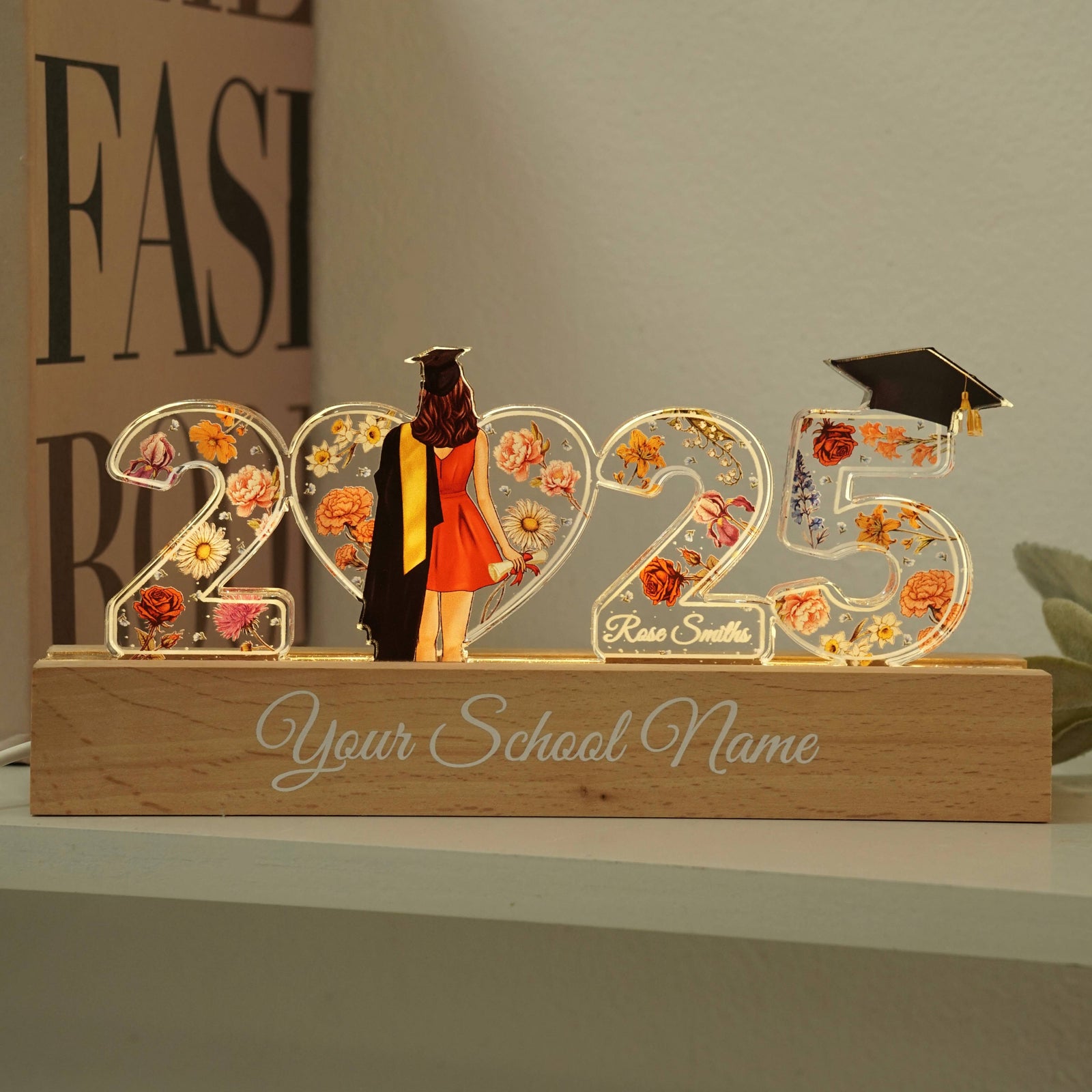 2025 Graduation Senior Flowers Personalized Custom Shape Acrylic Block LED Night Light, Graduation Gift
