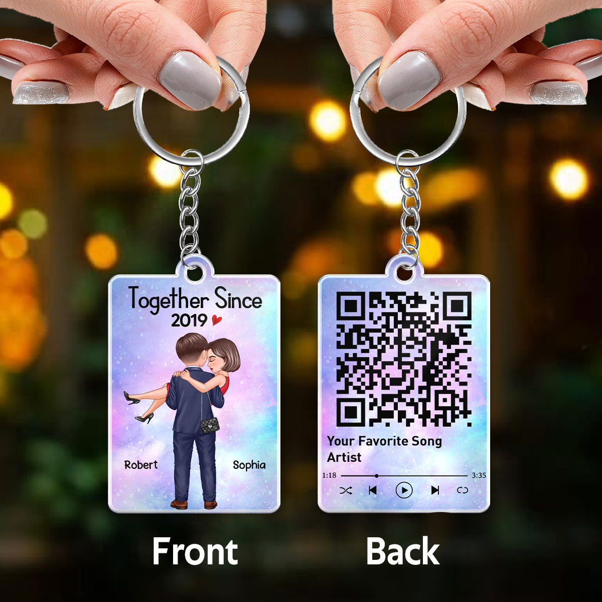 Embracing Holding Doll Couple Favorite Song QR Code Personalized Acrylic Keychain