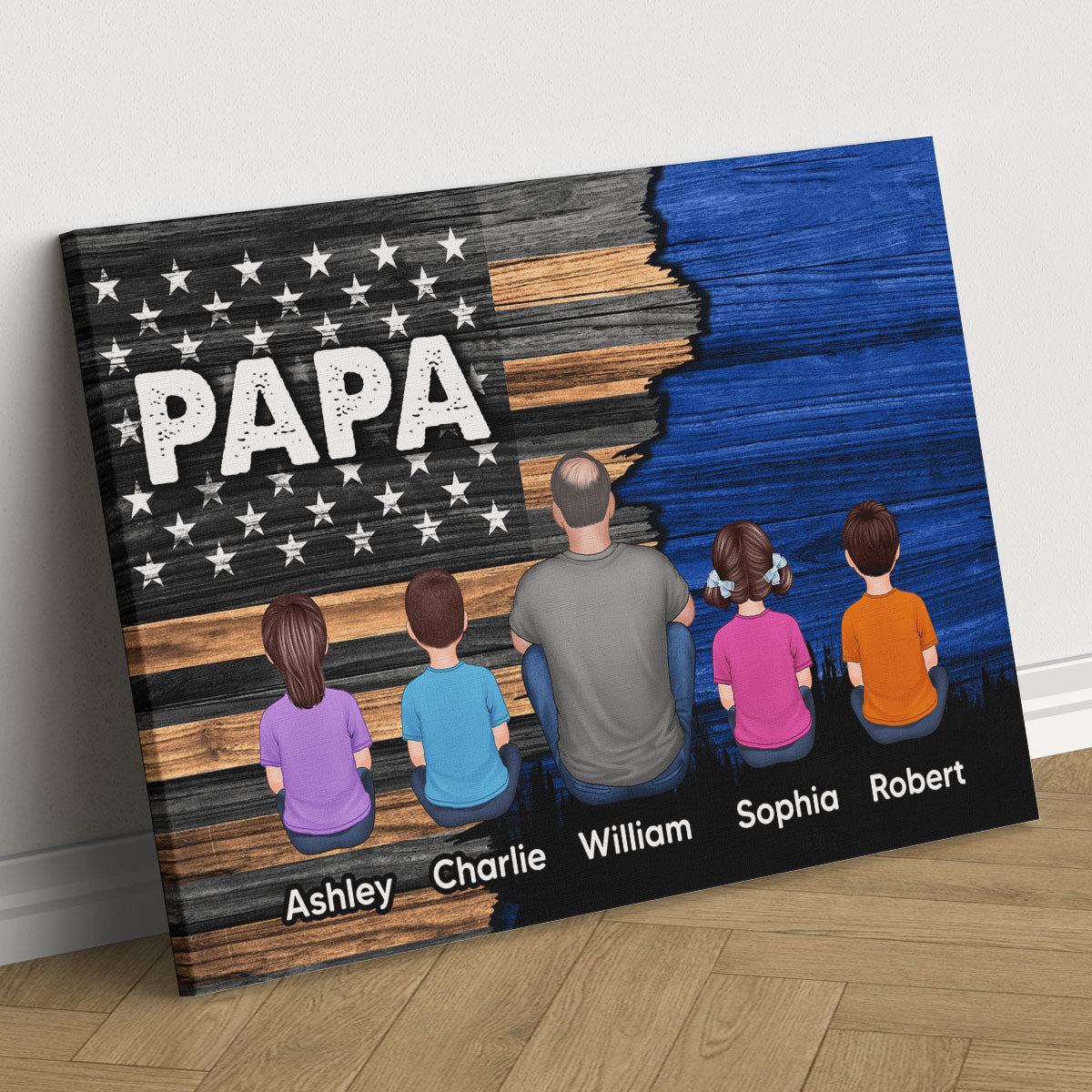 Dad Grandpa Papa Back View Sitting With Kids Half Nation Flag Personalized Canvas