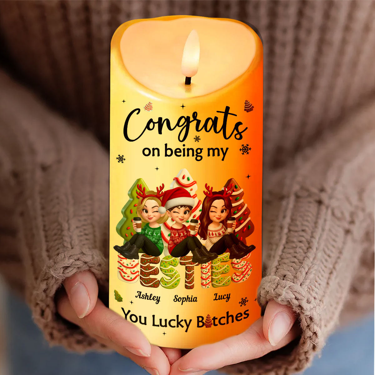 Congrats On Being My Besties Sisters Christmas Tree Cake Personalized LED Candle, Christmas gift for Besties Sisters
