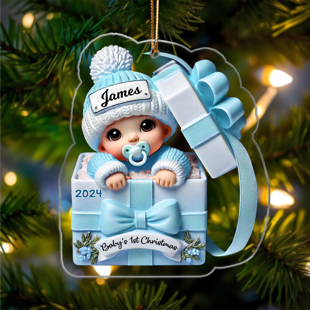 Baby Inside Gift Box 3D Effect Personalized Acrylic Ornament, Lovely Keepsake to Celebrate Baby's First Christmas