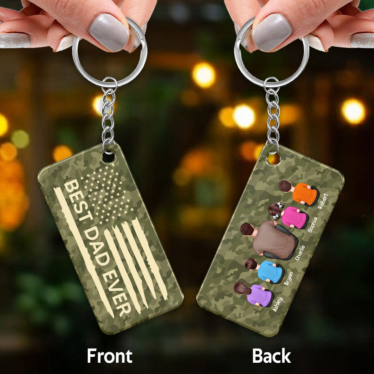 Best Dad Ever Nation Flag Back View Sitting Man & Kids Camouflage Pattern Personalized Acrylic Keychain