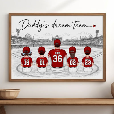 Sketch Style Baseball Family Daddy's Dream Team - Personalized Poster - Father's Day Gift For Dad, Husband