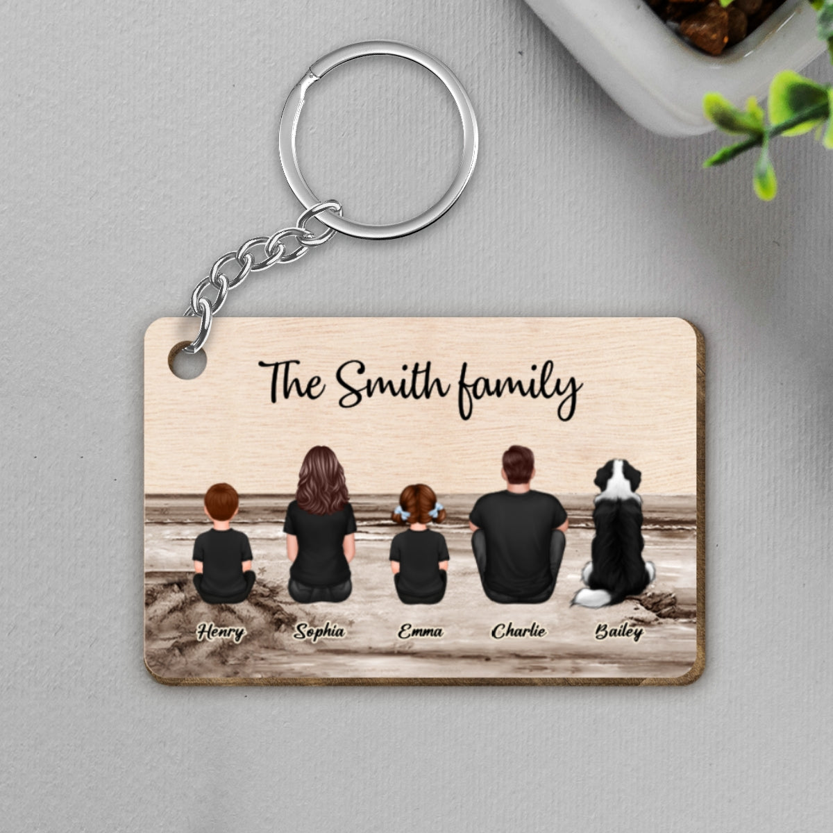 Family Sitting Back View Retro Vintage Beach Landscape Wooden Keychain, Father's Day Gift For Dad, For Grandpa