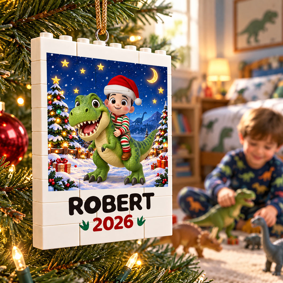 Trending Kid With Dinosaur Design For Boy Girl - Personalized Building Blocks Ornament - Christmas Gift For Grandkids