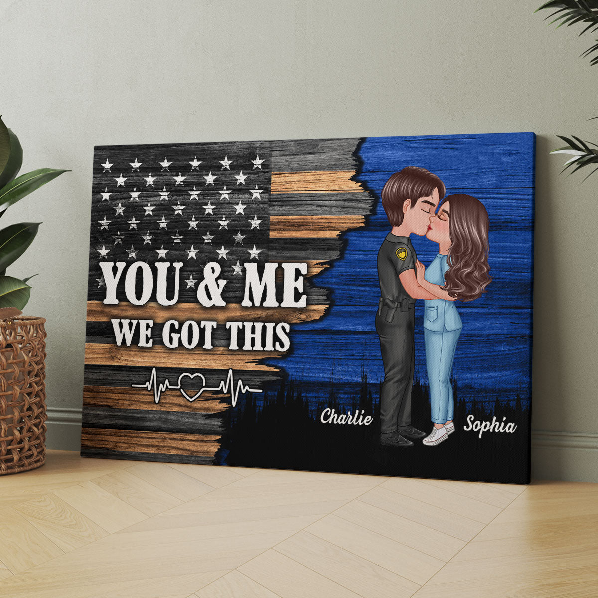 Hero Couple Kissing Half Flag Gifts by Occupation Firefighter, Nurse, Police Officer Personalized Canvas