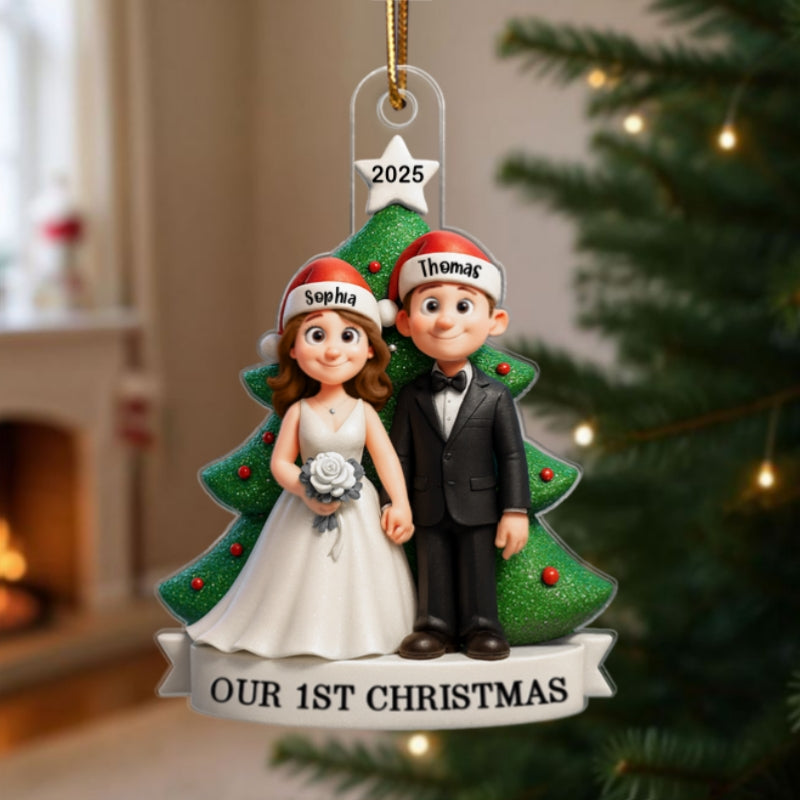 Groom & Bride Under Tree First Christmas Personalized Acrylic Ornament | Just Married Newlyweds Marriage Keepsake