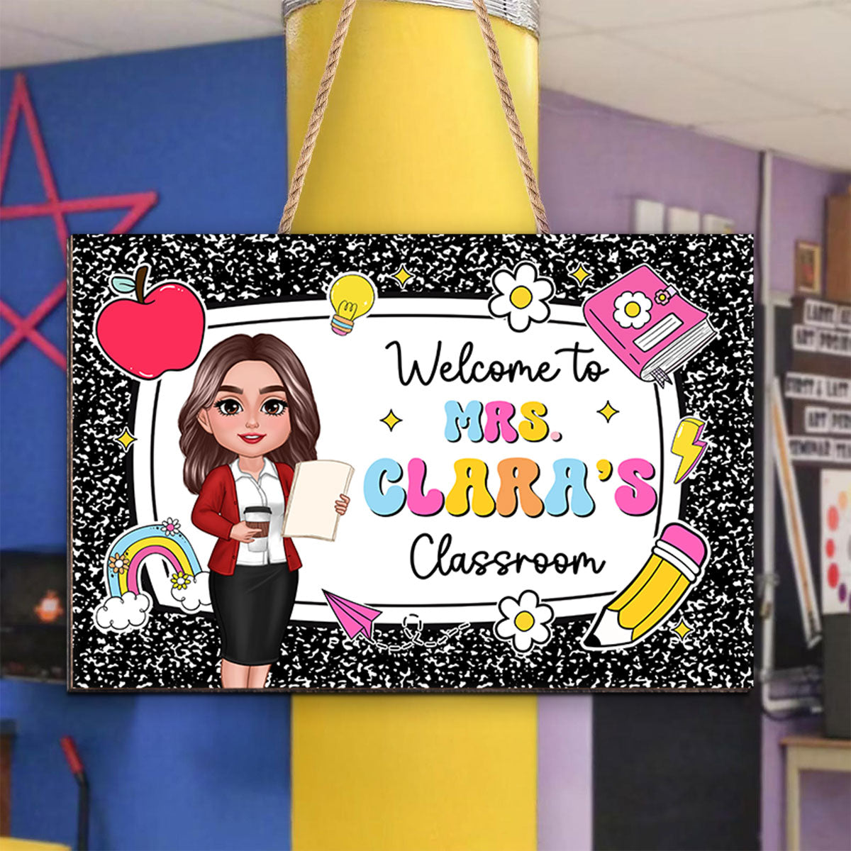 Teacher Composition Book Pattern Personalized Wood Sign, Back To School Gift