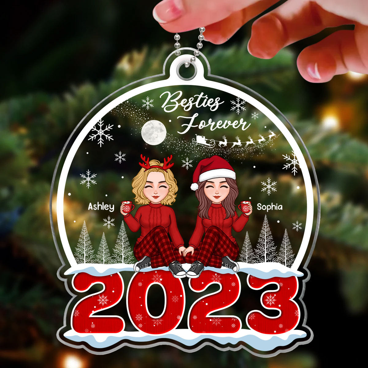 Cute Besties Sisters Sitting On Snow 2023 Christmas Sleigh Personalized Acrylic Ornament