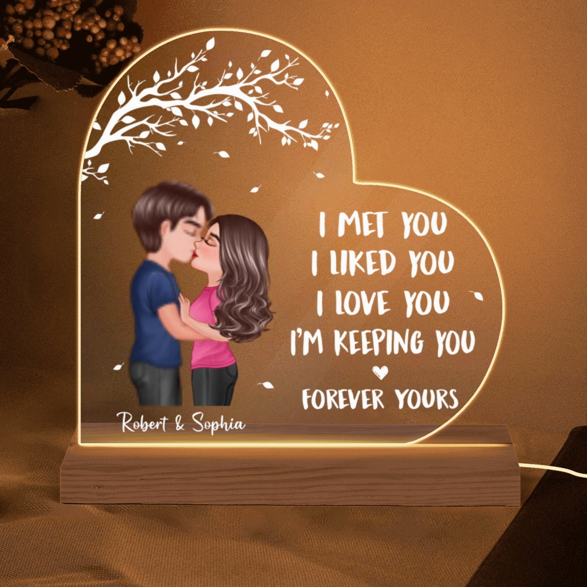 Doll Couple Kissing Under Tree I Met You Gift For Him For Her Personalized Custom Shape Acrylic Plaque LED Night Light