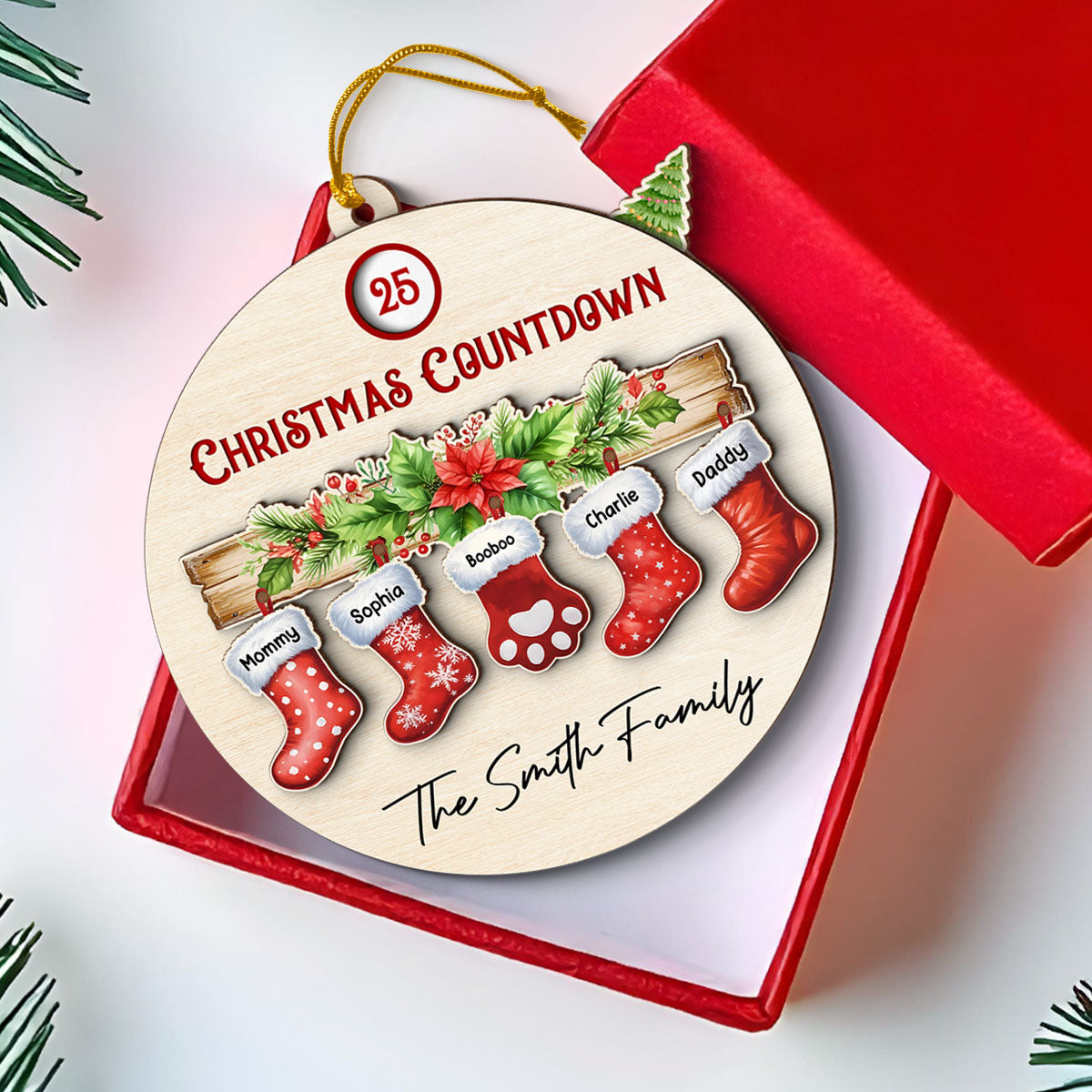 Family With Pet Christmas Socks Countdown Ornament, Personalized Family Countdown Ornament
