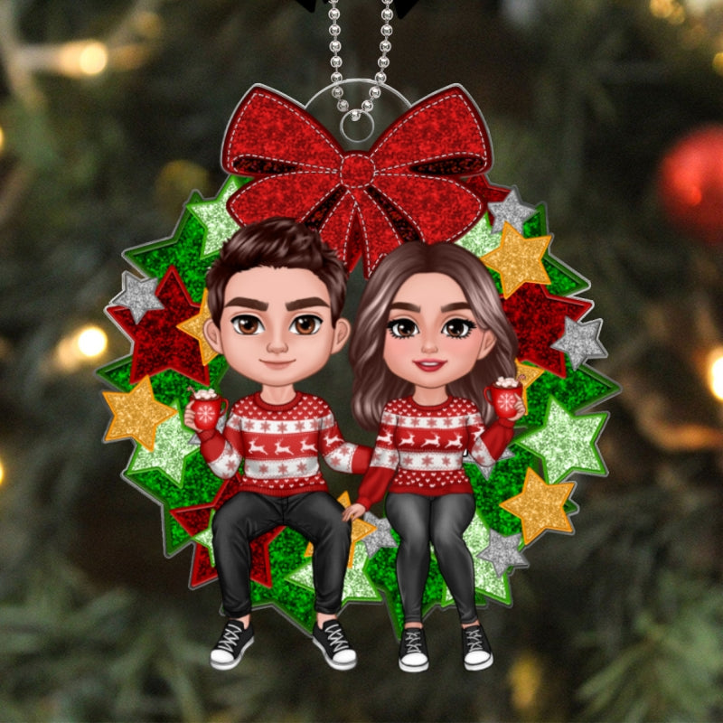 Christmas Couple Sitting On Faux Sequin Wreath Personalized Acrylic Ornament
