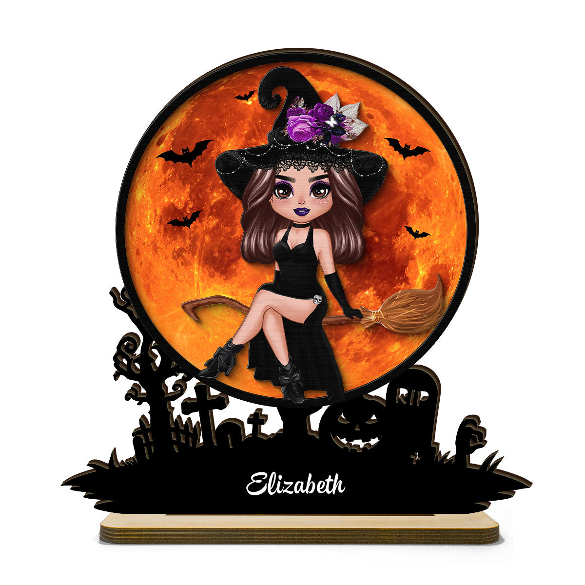Witch On Broom Halloween Moon Tabletop Tier Tray Wicca Pagan Decor Personalized 2-Layer Standing Wooden Plaque