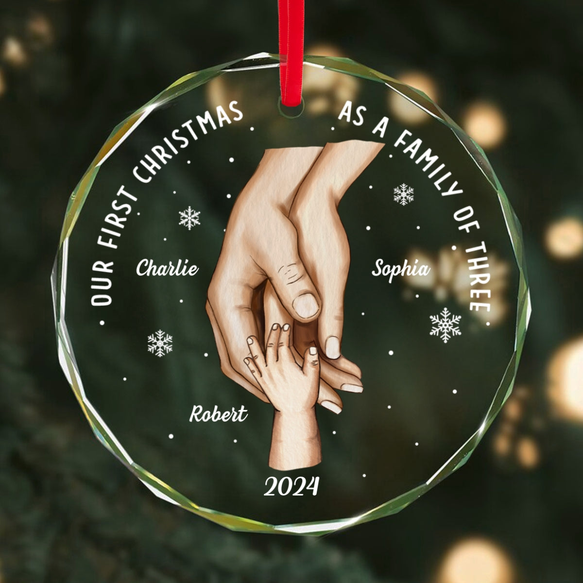First Christmas As Family Hands On Hands Personalized Glass Ornament