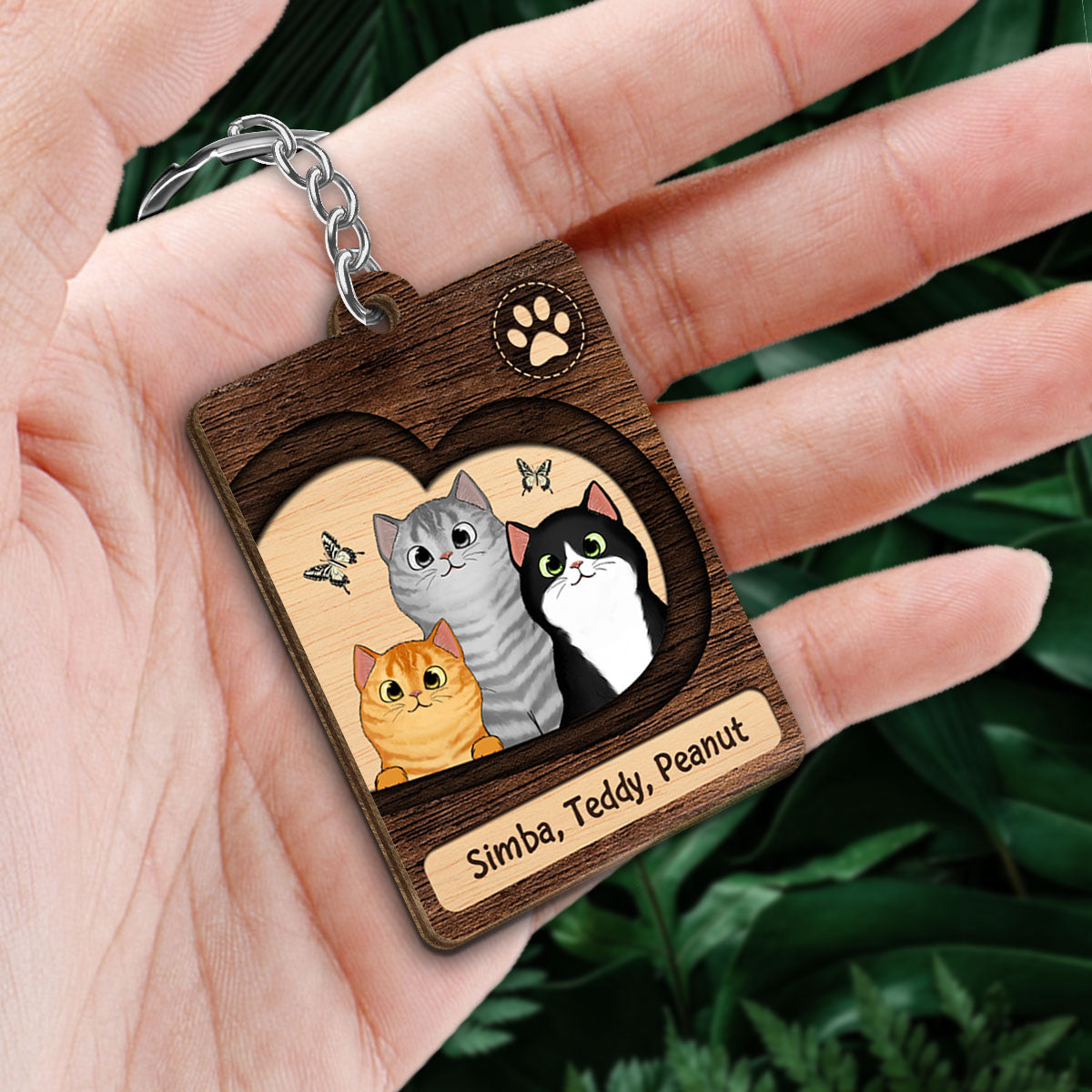 Cute Peeking Cat With Butterfly Personalized Wooden Keychain