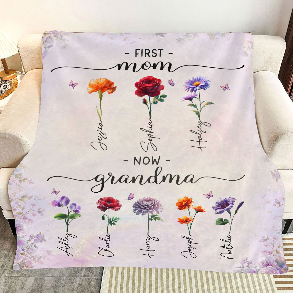 First Mom Now Grandma Beautiful 3D Effect Birth Month Flowers Personalized Fleece Blanket