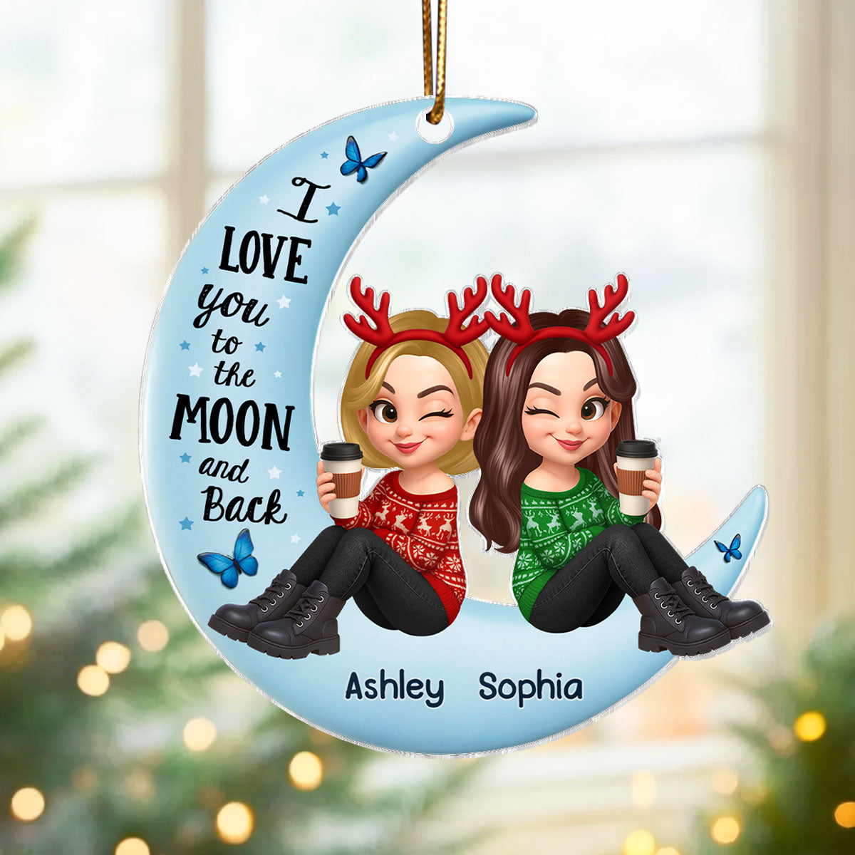 Christmas Besties Sisters Sitting On Moon 3D Effect Personalized Acrylic Ornament
