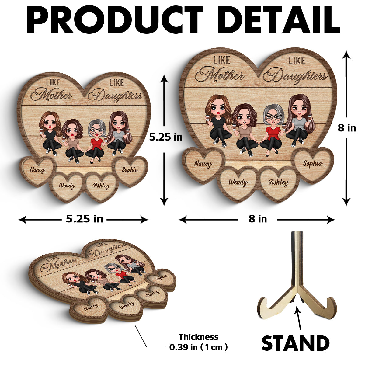 Like Mother Like Daughter Sitting Hearts Personalized 2-layer Wooden Plaque