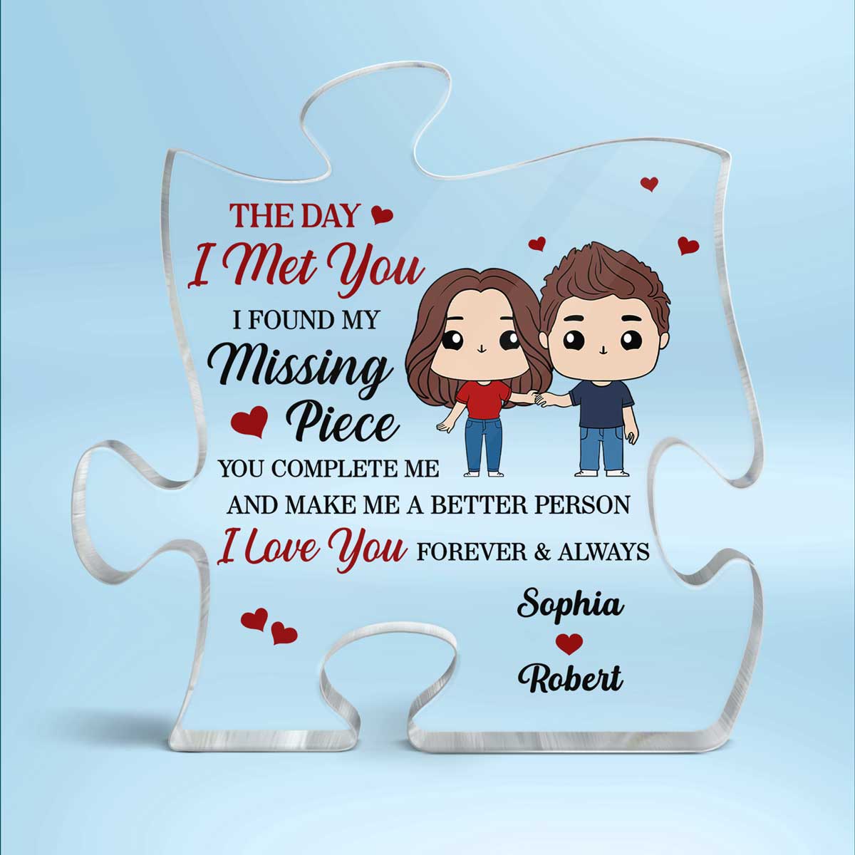 Cute Chibi Couple Found My Missing Piece Personalized Puzzle Acrylic Plaque